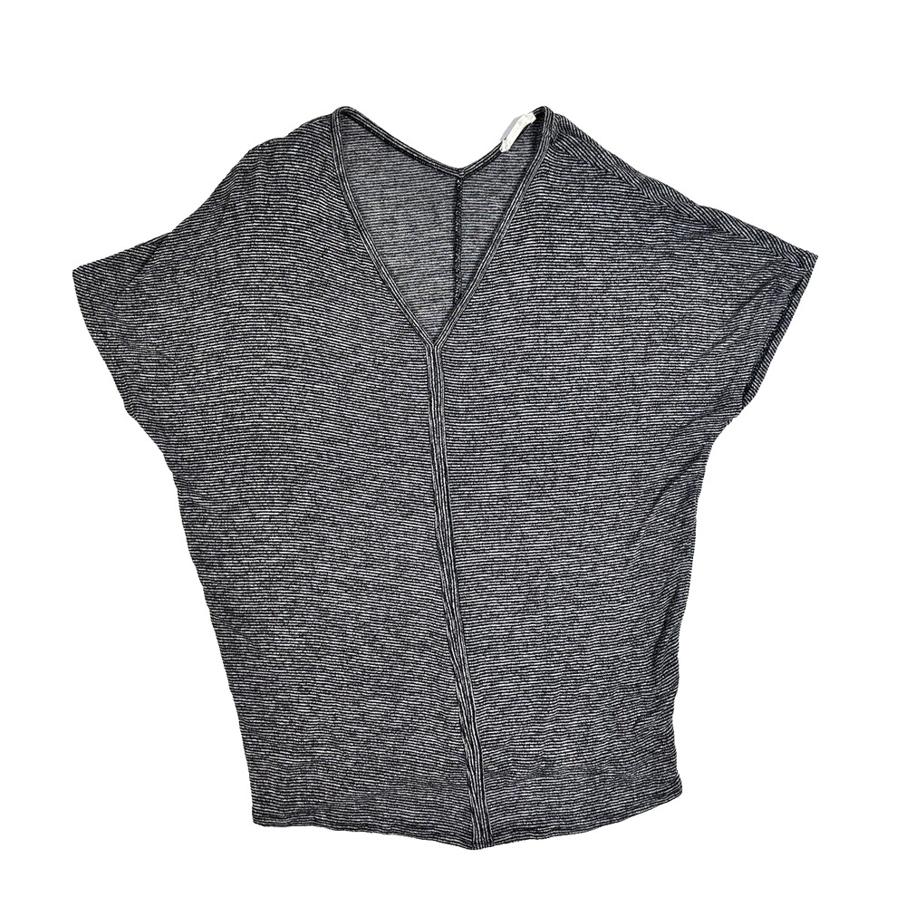 Heimious Women's Shirt Top Blouse Relaxed Black White Stripe Short Sleeve Size L